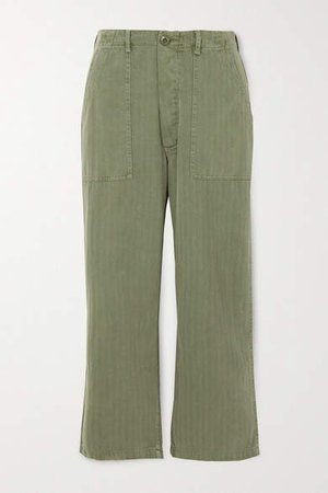 The Herringbone Trooper Cropped Cotton Straight-leg Pants - Green