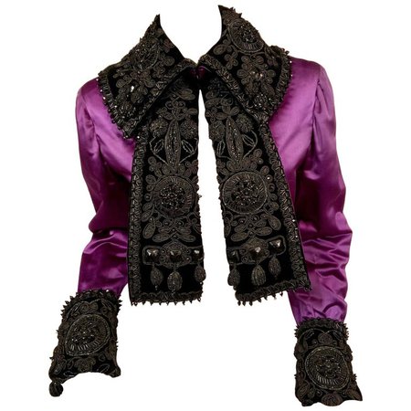 1940's Royal Purple Satin Jacket Trimmed with Victorian Beadwork on Black Velvet For Sale at 1stdibs