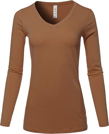 A2Y Women's Basic Solid Soft Cotton Long Sleeve V-Neck Top T-Shirt at Amazon Women’s Clothing store