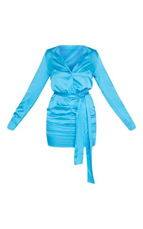 Blue Satin Ruched Shirt Dress | PrettyLittleThing USA