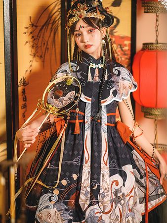 Chinese Style Lolita JSK Dress Black Lolita Jumper Skirts And Cape Cloud Collar - Lolitashow.com