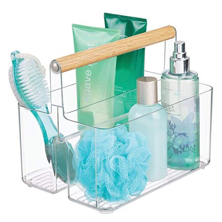 Amazon.com: mDesign Plastic Portable Storage Organizer Utility Caddy Tote, Divided Basket Bin with Wood Handle for Bathroom, Dorm Room, Holds Hand Soap, Body Wash, Shampoo, Conditioner, Lotion - White/Natural: Home & Kitchen