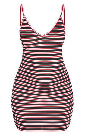 Red Stripe Ribbed V Neck Strappy Bodycon Dress | PrettyLittleThing USA