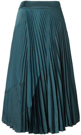 Paneled Pleated Crepe And Crinkled-satin Midi Skirt - Petrol