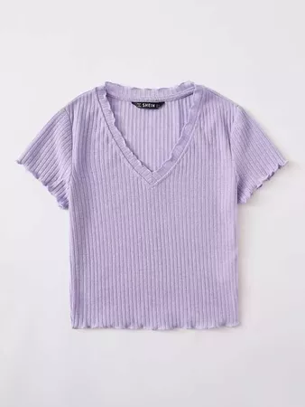 Lettuce Edge Rib-knit Solid Tee | SHEIN USA lilac