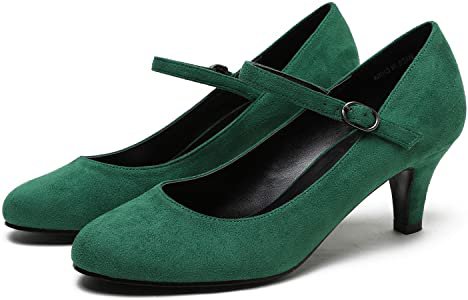 Amazon.com | Women's Mary Jane Low Kitten Heel Pumps Round Toe Vintage Retro Comfort Heels Shoes Green Velvet Size US7 EU38 | Pumps
