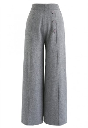 Button Decorated Wide-Leg Knit Pants in Grey - NEW ARRIVALS - Retro, Indie and Unique Fashion