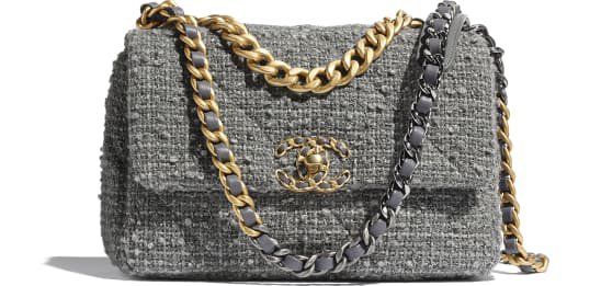 CHANEL 19 Flap Bag, tweed, gold-tone, silver-tone & ruthenium-finish metal, ecru, navy blue & multicolour - CHANEL