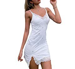 Amazon.com: Women Sexy Lace Floral Dress Y2K Spaghetti Straps See Through Split Mini Dress E-Girl Cute Clothes (Split Orange, M): Clothing