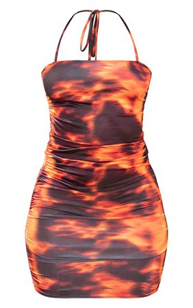 Orange Flame Print Halterneck Bodycon Dress | PrettyLittleThing USA