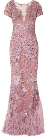 Zuhair Feather-trimmed Embellished Silk-blend Tulle Gown - Antique rose