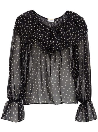 Saint Laurent Dotted Print See-through Cropped Blouse