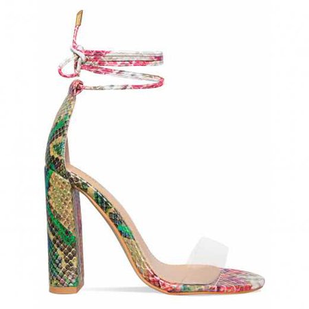 Harley Rainbow Snake Clear Lace Up Block Heels : Simmi Shoes
