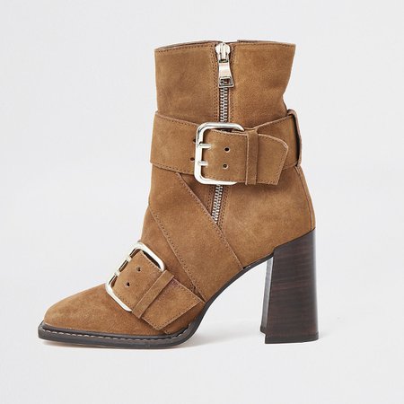Rust suede buckle square toe boot | River Island