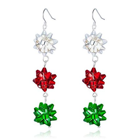 Christmas Bows Flower Piercing Dangle Earrings Red Green White Silver Plated Women Girls Holiday Gift: Jewelry