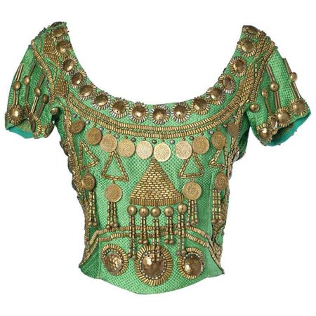 Gianni Versace Woven green silk top embroidered with pearls and gold pieces