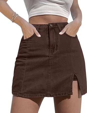 luvamia Skorts Skirts for Women Denim Mini Skirt Side Slit with High Wasited Jean Shorts Stretchy Brown Jean Shorts Tight Mini Skirt Rustic Brown Size Large Size 12 Size 14 at Amazon Women’s Clothing store
