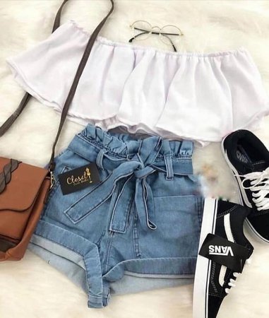 white off shoulder top, denim high waisted shorts, vans, brown purse-outfit