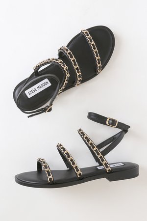 Steve Madden Telsa Black - Gold Chain Sandals - Chic Flat Sandals - Lulus