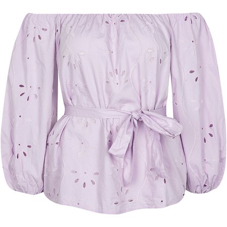 Purple broderie belted bardot top | River Island