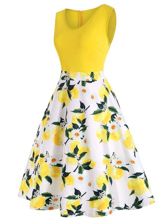 Plus Size Lemon Print High Waist Dress | Rosegal