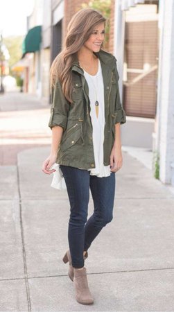 outfit ideas - army green jean jacket