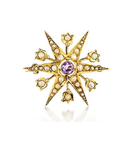 McGowans Jewellers 9ct yellow gold amethyst and seed pearl star brooch. Fully reconditioned