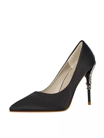 Metal Decor Point Toe Stiletto Heeled Court Pumps, Black Elegant Metallic Solid Color High Heel Single Shoe For Women | SHEIN USA