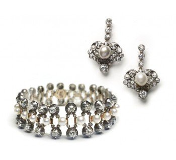 Antique Pearl & Diamond Bracelet & Earrings Suite