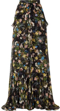 Alison Ruffled Floral-print Silk-voile Maxi Skirt - Black