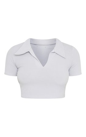 Grey Crinkle Rib Collar Short Sleeve Crop Top | PrettyLittleThing USA
