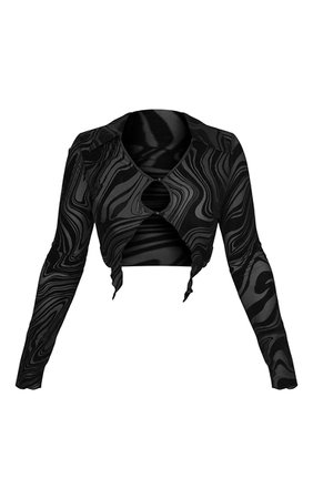 Black Textured Mesh Button Cut Out Crop Shirt | PrettyLittleThing USA