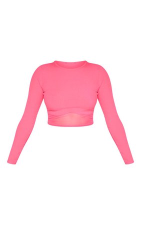 Hot Pink Long Sleeve Mesh Trim Rib Crop Top | PrettyLittleThing