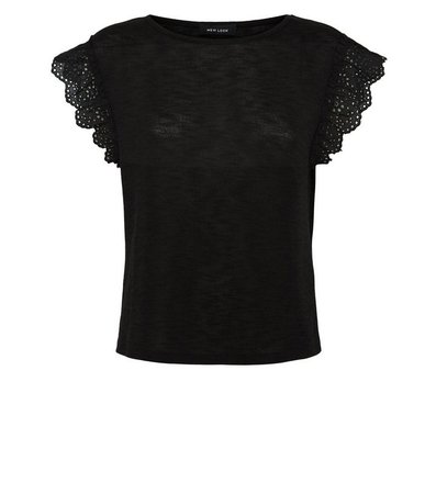 Black Broderie Sleeve T-Shirt | New Look