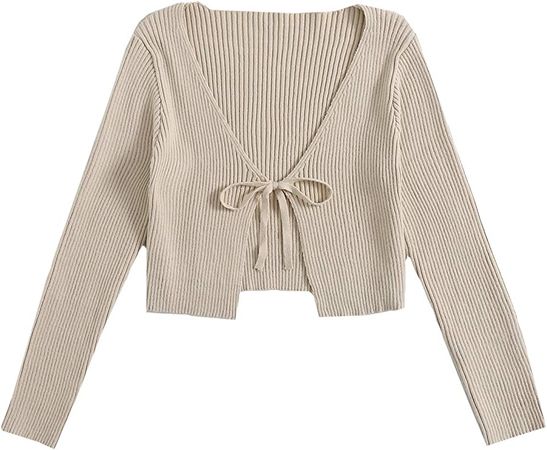 Floerns Women's Tie Front Long Sleeve Rib Knit Cardigan Crop Top Khaki L at Amazon Women’s Clothing store
