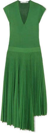 Asymmetric Pleated Silk And Cotton-blend Dress - Green