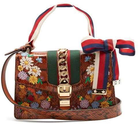 Floral Embroidered Watersnake Shoulder Bag - Womens - Brown Multi