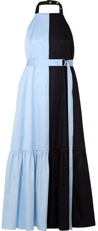 Two-tone Coated Cotton-poplin Halterneck Midi Dress - Midnight blue