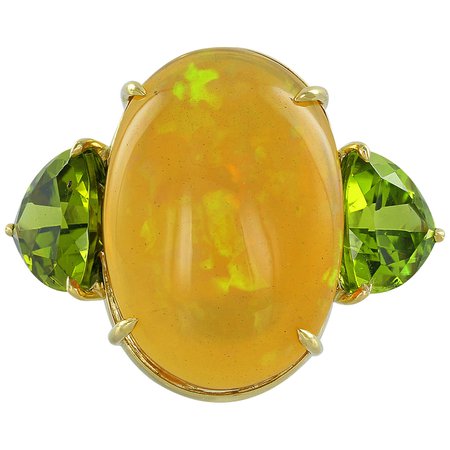 Fire Opal Peridot Gold Three-Stone Cocktail Ring For Sale at 1stdibs