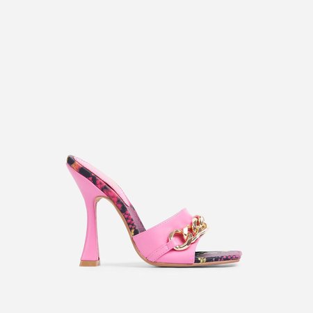 Meow Snake Print Chain Detail Square Peep Toe Heel Mule In Pink Faux Leather | EGO