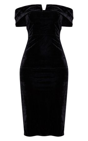 Black Velvet Bardot V Bar Midi Dress - New In | PrettyLittleThing USA