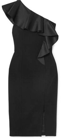 One-shoulder Ruffled Satin-trimmed Wool-blend Crepe Dress - Black