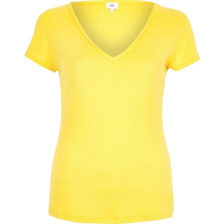 Yellow ribbed V neck T-shirt - T-Shirts - Tops - women
