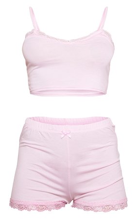 Pink Jersey Lace Trim Short Pj Set | PrettyLittleThing