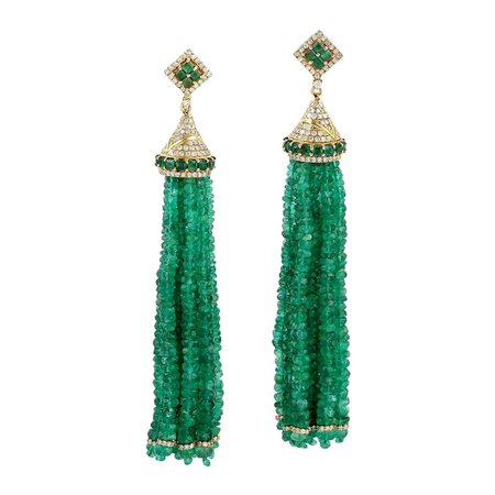103.09 Carat Emerald Diamond 18 Karat Gold Tassel Earrings For Sale at 1stDibs