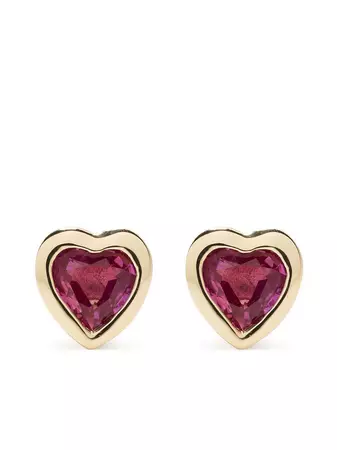 Ef Collection 14kt Yellow Gold Heart Ruby Stud Earrings
