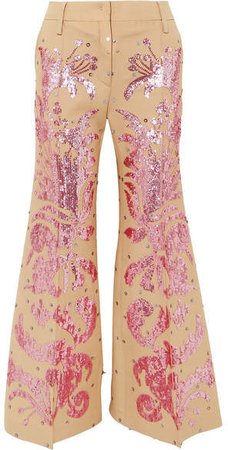 Sequined Wool And Silk-blend Flared Pants - Beige