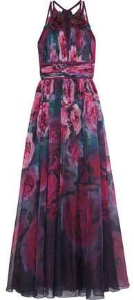 Satin-trimmed Appliqued Floral-print Chiffon Gown