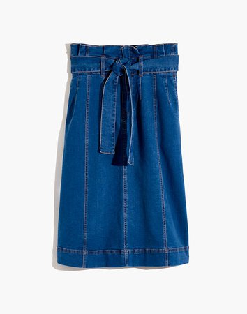 Stretch Denim Paperbag Midi Skirt in Indigo Wash blue