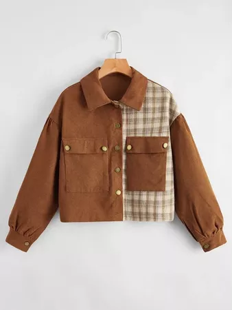 brown Corduroy Plaid Panel Flap Pocket Jacket | SHEIN USA